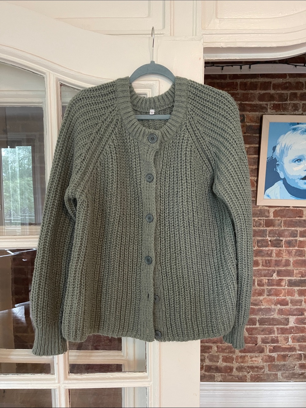Chunky Dusty Teal Button-Front Women's Sweater Cardigan